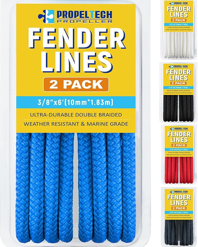 2 Pack 3/8'' x 6' Boat Fender Lines for Mooring, Docking Ties & Small Boat,Premium Marine- Grade Double Braided Nylon Boat Rope with a 5" Eyelet,Anti-Wear & Weather-Resistant-Lake Blue
