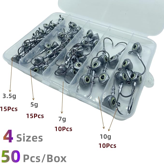 50Pcs/Box Swimbait Jig Heads Fishing Hooks with 3D Eye，4 Sizes（1/4oz.3/8oz,1/5oz. 1/8oz Mixed，Automatic stabilization Head Design/Luminous,Bass Freshwater&Saltwater
