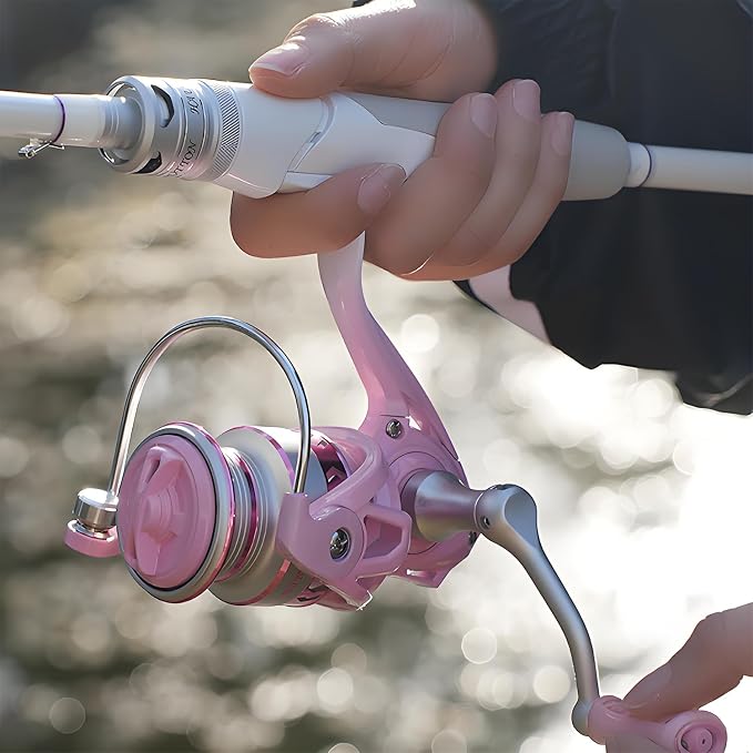 Lightweight Spinning Fishing Reel, Compact Pink Spinning Reel with 5.2:1 Gear Ratio for Freshwater and Saltwater Fishing in All Seasons