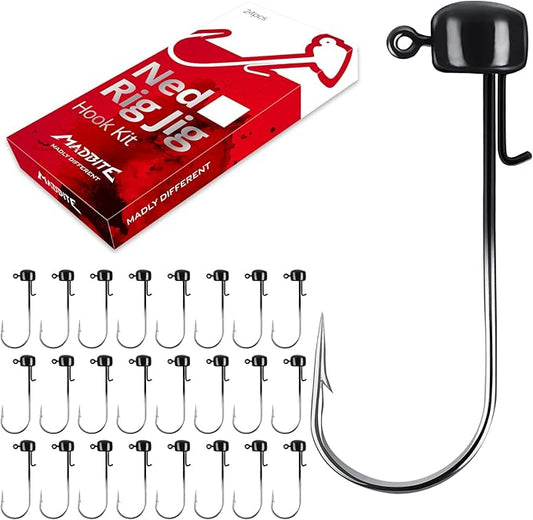 MadBite by KastKing Ned Rig Jig Heads for Soft Fishing Lures, 24-Pack Finesse Standard Mushroom Stand-up Ned Heads Kit, Needle Point Saltwater & Freshwater Versatility Ned Rig Hooks 1/8, 1/16, 3/16 oz