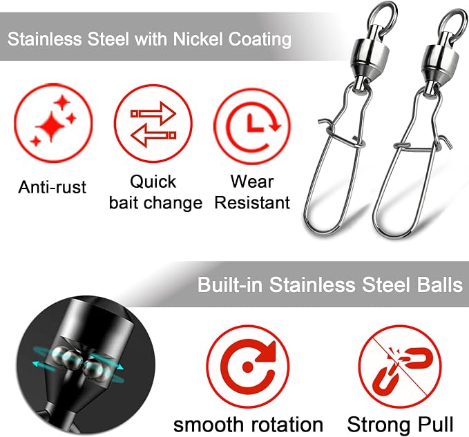 FishTrip Snap Swivels 30Pack Ball Bearing Fishing Swivels Saltwater 0#-10# Duo Lock Barrel swivels Fishing Clips Swivels Fishing Tackle