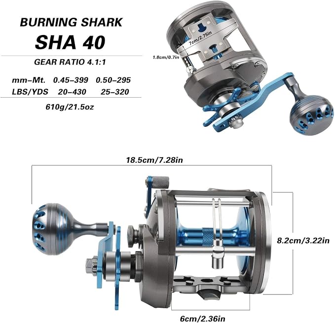 Burning Shark Trolling Reel Saltwater Level Wind Reels, Drag Reels Boat Fishing Ocean Fishing for Sea Bass Grouper Salmon