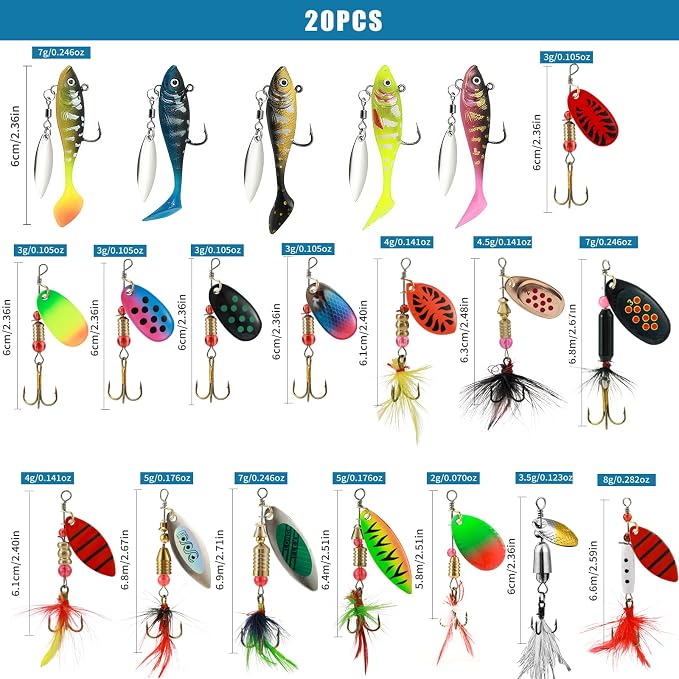 Fishing Spinner Lures Kit 10/15/16/20PCS, Inline Spinner Baits with Treble Hooks and Feather Tails, Metal Fishing Lures for Trout Bass Salmon Panfish, Multi-Color Freshwater Fishing Tackle Set