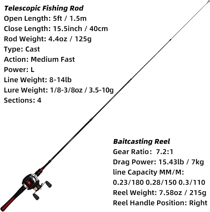 Kilitn Fishing Rod and Reel Combo, Baitcasting Combo Baitcast Reel 5 Foot Durable Fiberglass Telescopic Rod with Fishing Line Full Kits Comfortable Handle