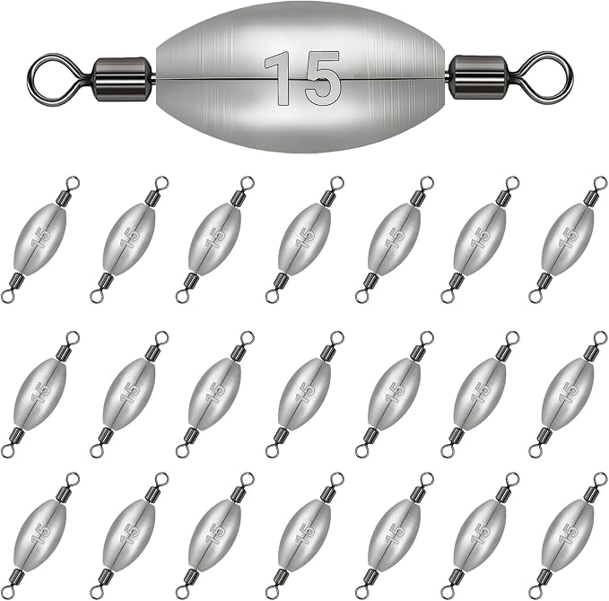 Inline Trolling Weights with Swivel, Fishing Sinkers for Catfish Bass Saltwater Freshwater, Anti-Twist Smooth Rolling Egg Sinker Design, Assorted Sizes Fishing Weights Kit