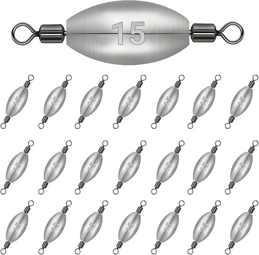 Inline Trolling Weights with Swivel, Fishing Sinkers for Catfish Bass Saltwater Freshwater, Anti-Twist Smooth Rolling Egg Sinker Design, Assorted Sizes Fishing Weights Kit