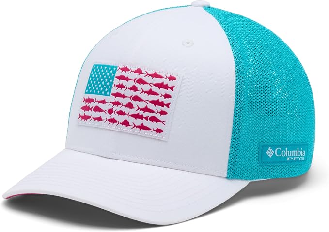 Columbia Unisex PFG Fish Flag Mesh Ball Cap, White/Guava Pink/Fish Flag, L/XL