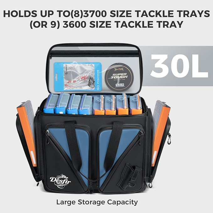 Handor Waterproof Fishing Tackle Bag, Large Saltwater Resistant Storage, 1000D PVC Material, Holds 3600 3700 Trays (Black and Blue, Medium Bag)