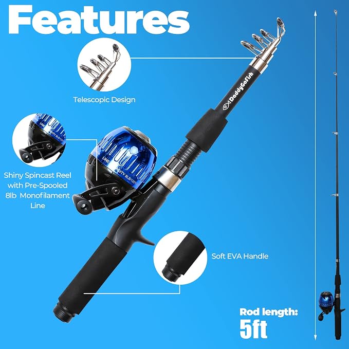 DaddyGoFish Kids Fishing Pole - Rod Reel Combo Tackle Box Starter Set - First Year Small Dock Gear Kit for Boys Girls Toddler Youth Age Beginner Little Children Junior Anglers Older Kids