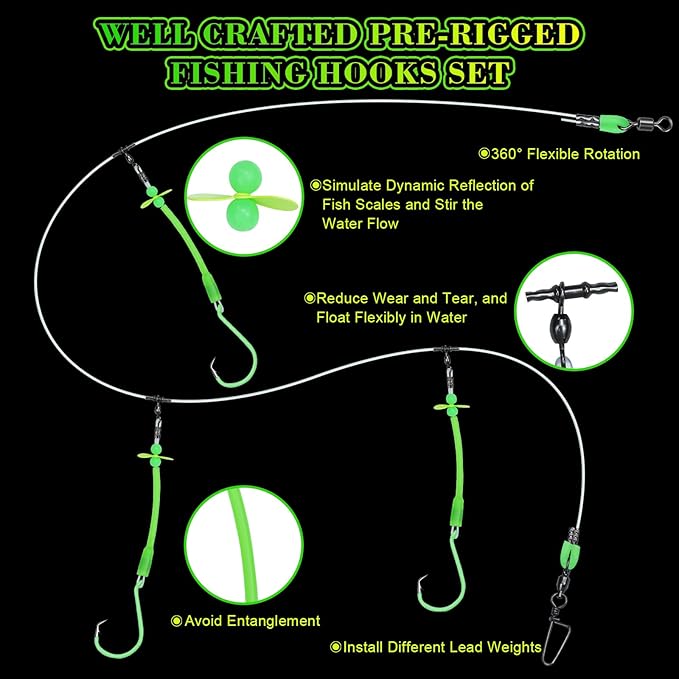 Pre-Rigged Deep Drop Saltwater Rigs – Glow Tubes, Hooks, Beads & Spinner Blade – 6/0 8/0 Circle Hooks for Snapper/Grouper/Tilefish (3/6 Hooks)