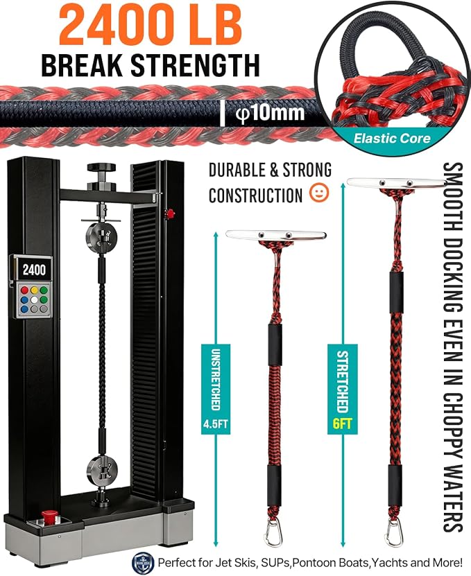Boat Accessories 4.5 Feet Bungee Dock Lines with 30cm Extended Loop and 316 Stainless Steel Clip 2-Pack for Docking for Boats PWC,Kayak,Watercraft,SeaDoo,Jet Ski, Pontoon, Canoe, Power Boat(Red+Black)