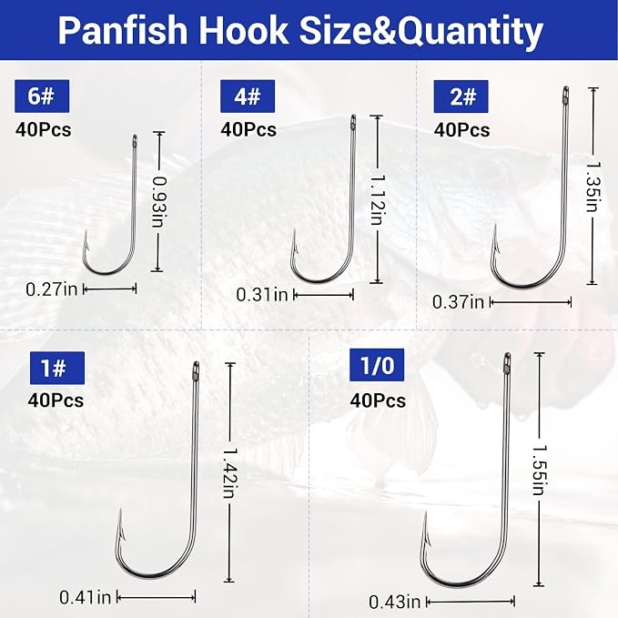 200Pcs Panfish Fishing Hooks Freshwater, Light Wire Crappie Hooks Straight Shank Aberdeen Hook for Bluegill Small Bass 5 Sizes Assorted 6# 4# 2# 1# 1/0