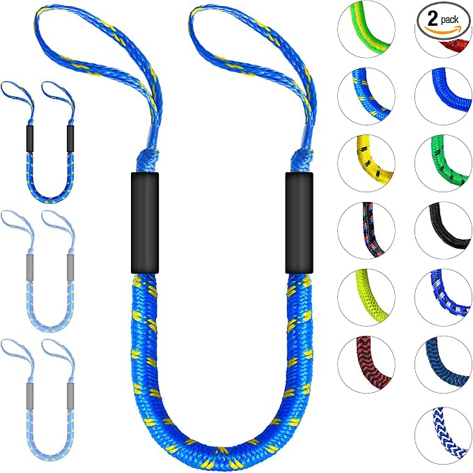2-Pack Bungee Dock Lines for Boats with Loops, Boat Tie Downs for Docking, Adjustable Boat Mooring Rope for Pontoon, Jon Boat & PWC (Blue & Yellow, 4 FT)