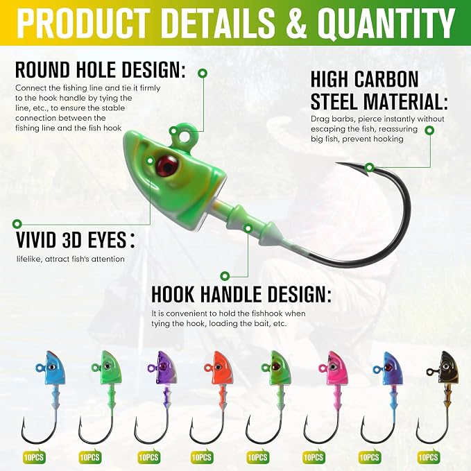 Vinsot Crappie Jig Heads 1/4oz 1/8oz 3/8oz 1/16oz 1/32oz Fishing Jig Hooks Simulation Fish Eye Ball Hook Bulk for Crappie Bass Trout Lures Gift