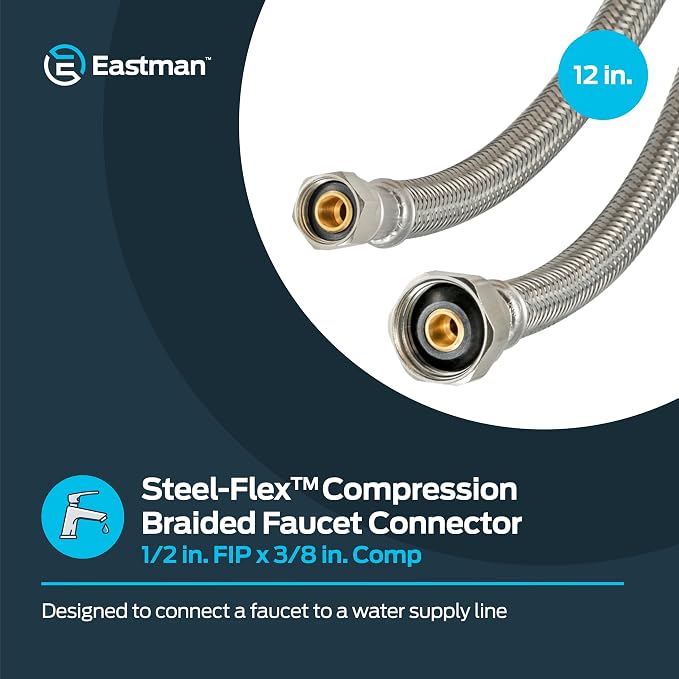 Eastman 12 inch Steel-Flex Braided Faucet Connector, 1/2 Inch FIP x 3/8 Inch Compression, Stainless Steel Faucet Supply Line, 48003