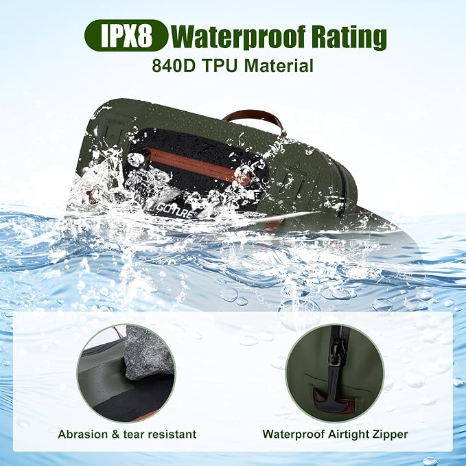 Goture Waterproof Fishing Waist Pack,IPX8 840D TPU Large Tackle Bag with Rod Holder,Airtight Zipper Closure,Detachable Water Bottle Holder, 10L Fly Fishing Bag with Adjustable Strap,Sling Fanny Pack