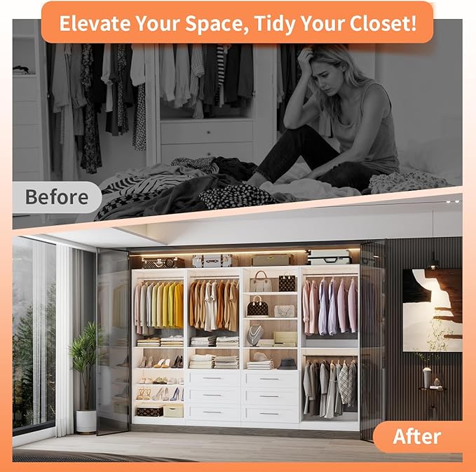 Closet System with 4 Sets, 8–21 FT Closet System with 6 Drawers, 9 Shelves & 8 Hanging Rods, Max 252″ Closet Organizer System for Walk in Closets, Modular Custom Wood Closet Kit with Shoe Racks, White