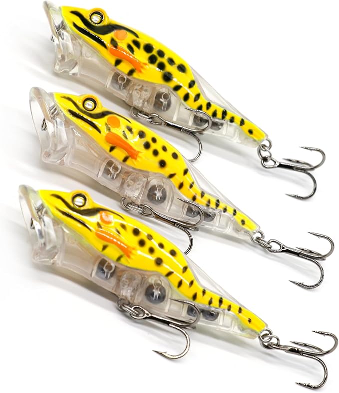 Stonefish 3pcs Popper Topwater Fishing Lures with Treble Hooks, Whopper Floating Splashing Popper with Rattles, Freshwater Saltwater Lures for Bass