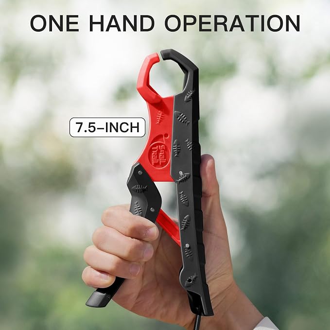 SNAIL TRAIL 7.5'' Floating Fish Gripper, Fishing Grabber, Catfish Mouth Pliers, Caught Bass Holder, Digital Scale Hook Clamp, Saltwater Lip Grip Tool with Lanyard, Gifts for Men, Black-Red