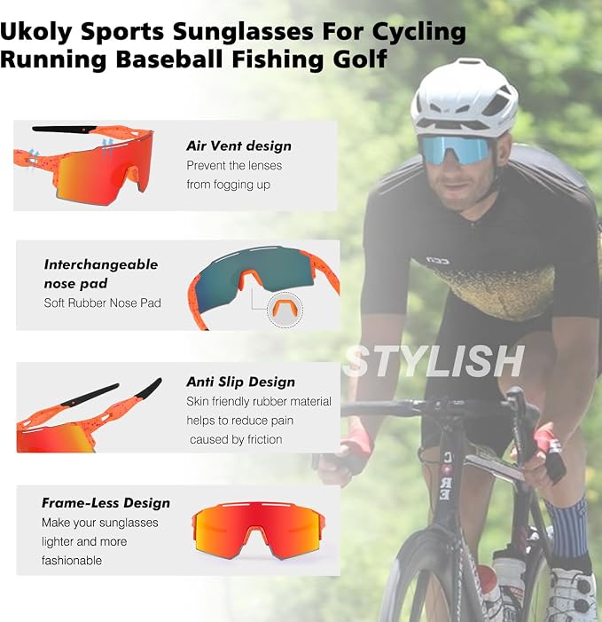 Ukoly Cycling Sunglasses for Men Women with 3 Interchangeable Lenses, Polarized Sports Sunglasses, Baseball Sunglasses