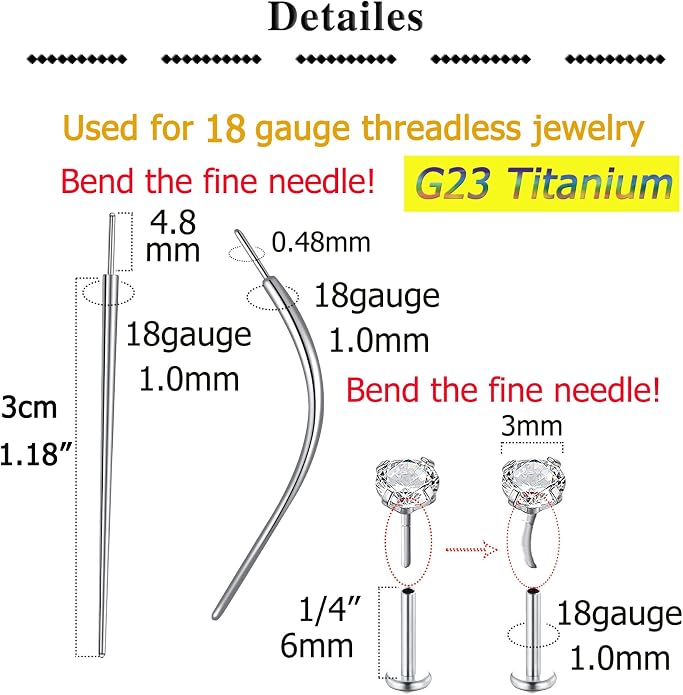 QWALIT Piercing Taper Threadless Insertion Tool - Titanium Labret Pin 16g, 18g, 20g