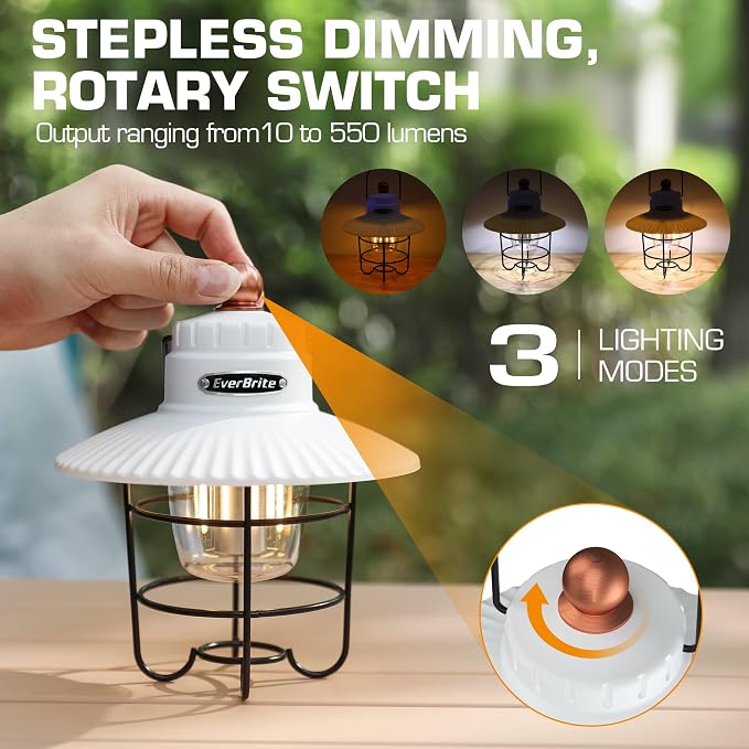 EverBrite LED Camping Lantern, USB C Rechargeable Lantern with 3 Light Modes, Vintage Outdoor Lanterns with Power Bank Function for Power Outages, Hurricane, Emergency, Fishing