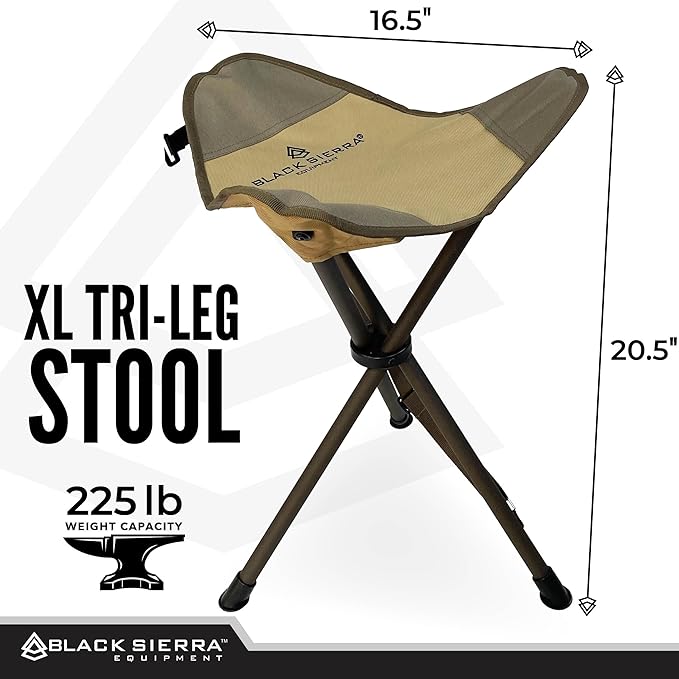 Black Sierra Folding Hunting Stool with Shoulder Strap, Lightweight Collapsible Tripod Seat, Steel Frame Supports 225 lbs, Portable Foldable Chair for Hunting Blind, Fishing, Hiking, Travel
