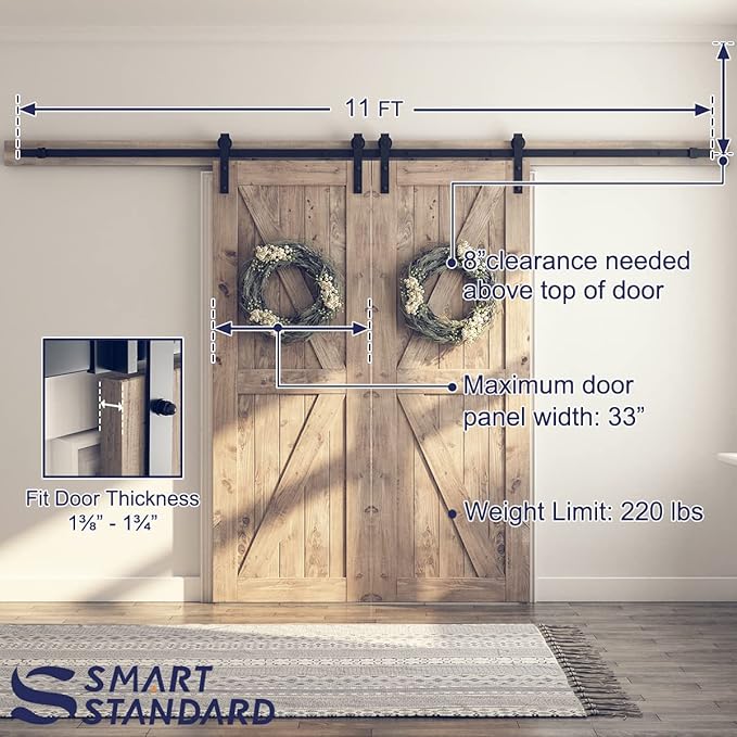 SMARTSTANDARD 11 FT Double Barn Door Hardware Kit, Sliding Door Track-Smoothly and Quietly -Includes Detailed Installation Fit 30"-33" Wide Doorpanel (J Shape Hanger) Black