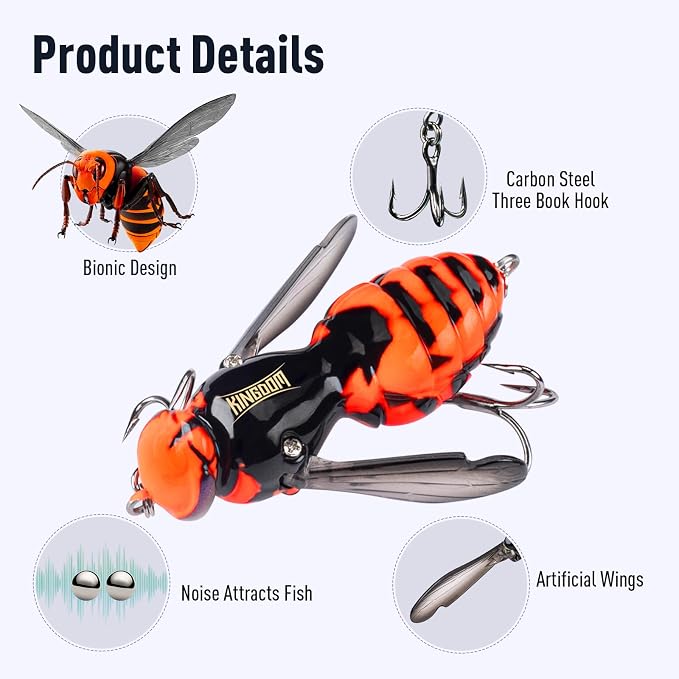 Kingdom Wasp Craw Bait Insect Bionic Floating Fishing Lures Swimbaits Hard Artificial Baits Lure for Freshwater and Saltwater Bass Carp Pike Walleye Fishing ABS Material Carbon Steel Three Book Hook