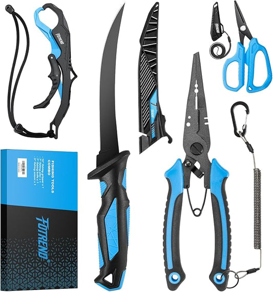 Fishing Tool Kit, Fishing Gear - Fishing Plier with Sheath, Fillet Knife, Fishing Scissors, Fish Lip Gripper, Tool Retractor, Keychain Bottle Opener, Fishing Gifts for Men