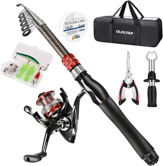 Fishing Pole Combo Set 6.9ft Telescopic Fishing Rod and Reel Combo with Fishing Pliers and Lip Gripper Collapsible Fishing Rod and Reel Kits for Bass Sea Saltwater Freshwater