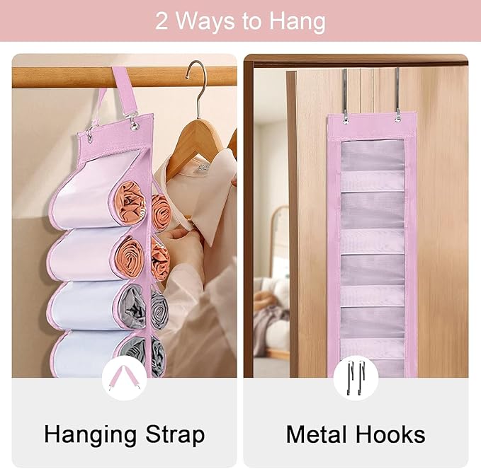 Legging Organizer Storage, T Shirt Organizer, Foldable Hanging Closet Organizer Storage with 16 Roll Independent Compartments for Yoga Pants, Tank Top, Towel, Underwear (Pink)