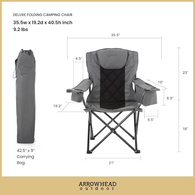 ARROWHEAD OUTDOOR Portable Deluxe Folding Camp Quad Chair w/Headrest, Glass & Cup Holders, Armest 6-can Cooler, Heavy Duty Carry Bag, 550 lbs Weight Capacity
