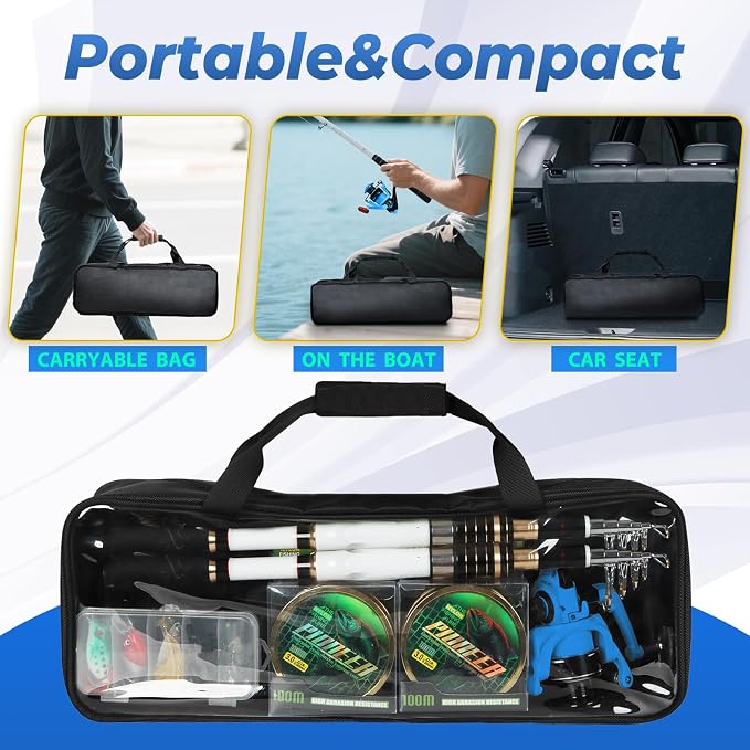 Telescopic Fishing Rod and Reel Combo, 2PCS Collapsible Fishing Pole with Spinning Reel Lures and Carrier Bag for Saltwater Freshwater Bass Fishing Gear