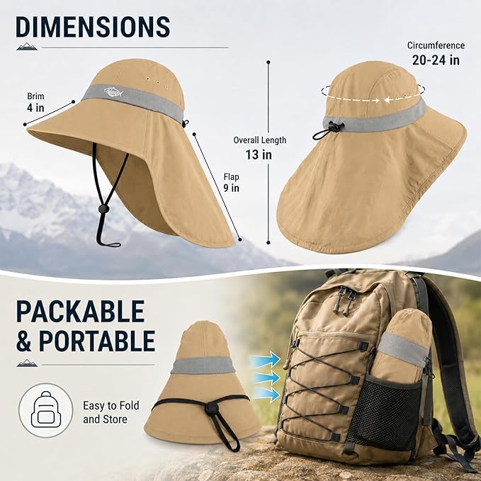 Palmyth Fishing Hat UPF 50+ Sun Hat Wide Brim Neck Flap Breathable Mesh Safari Hat UV Protection for Men Women