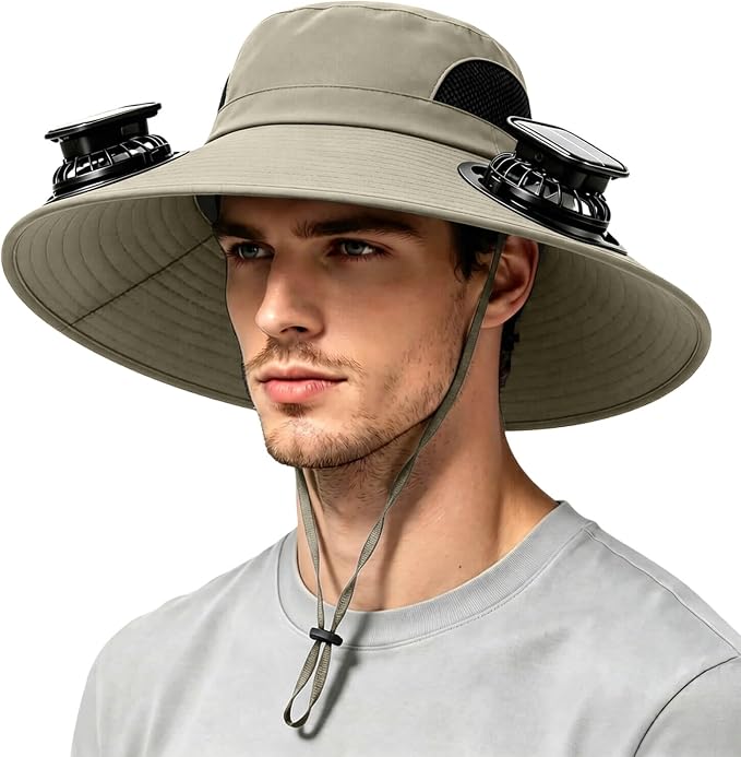 Solar Powered Fan Hat for Men Women Wide Brim Hat with 2 Fans UPF 50+ Outdoor Fishing Beach Sun Hat