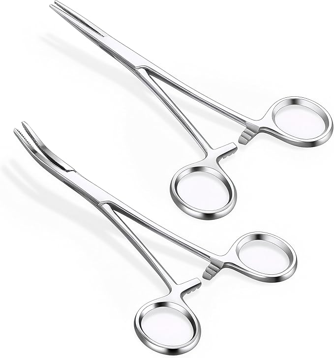 GEMQUEEN Piercing Curved and Straight Forceps for Changing Jewelry - 316L Surgical Stainless Steel Pliers Tool Set Locking Tweezers Clamps for Removal Earrings Lip Nose Rings 2 PCS