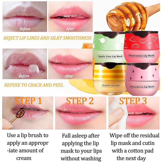 Honey Lip Balm Pot, 4 Pcs Honey & Strawberry & Apple Lime & Watermelon Lip Mask Propolis Lip Mask Moisturizing Hydrating Prevention Dry and Cracked Lip Scrubs Exfoliator