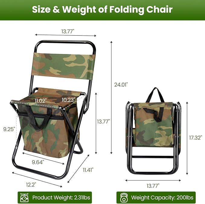 TeqHome Portable Foldable Fishing Chair with Cooler Bag, Lightweight Folding Camping Chair, Outdoor Backrest Stool for Camping Hunting Fishing Hiking（Camouflage）