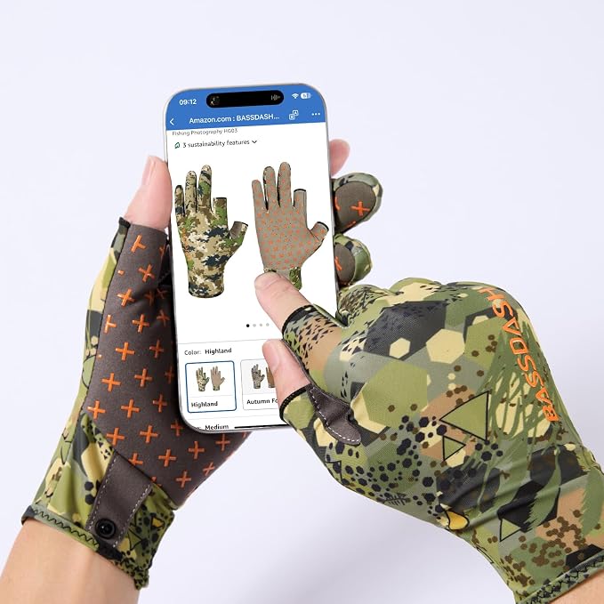 BASSDASH Unisex Fingerless Camo Hunting Gloves for Men's Women's Early Season Warm Weather UPF 50+ Lightweight Fishing Photography HG03