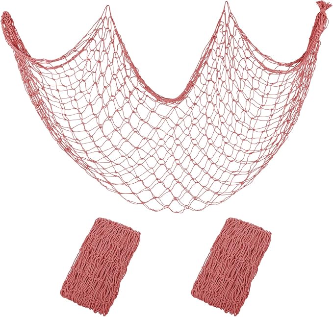 2 Pack Decorative Fishing Net, 80x40 Inch Red Cotton Fish Net for Hanging Stuffed Animals & Table Runner, Nautical Mermaid Pirate Ocean Hawaii Beach Under The Sea Themed Party Decorations