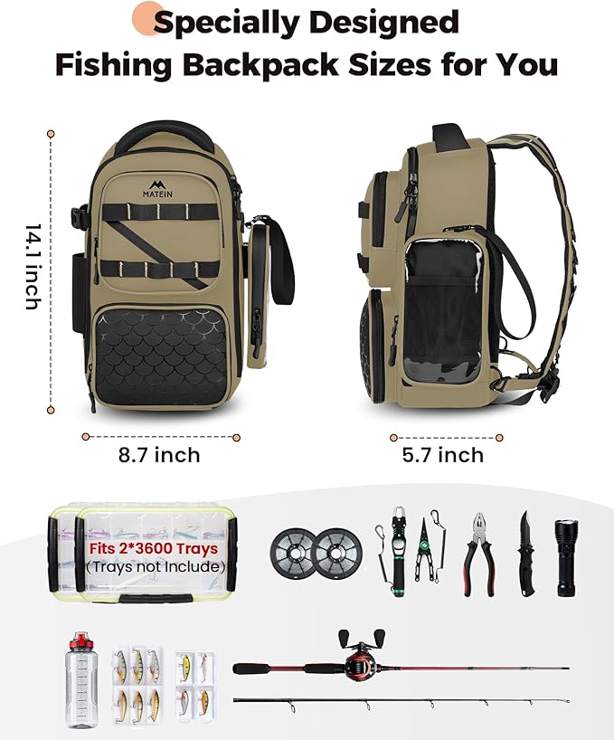 MATEIN Fishing Sling Bag with Lure Rod Holder & Phone Pouch, Waterproof 3600 Tackle Box Backpack with Removable Bait Binder