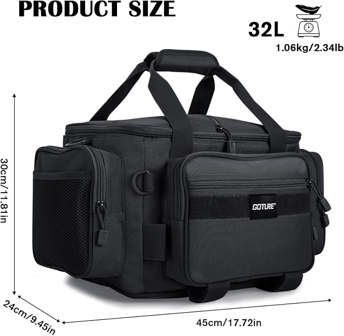 Goture Fishing Tackle Bag,Store Up to 4PCS 3700 Tackle Boxes(Not Included),600D Soft Side Water-Resistant Saltwater Gear Storage Fishing Bag with Rod Straps,Detachable Water Bottle Pouch,SBS Zippers