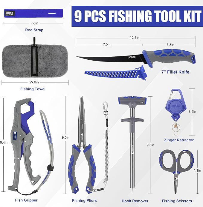 Booms Fishing Tool Kit Saltwater: 8pcs Fishing Gear and Equiment - 7” Fillet Knife, Needle Nose Pliers, Fish Gripper, Scissors, Retractor, Rod Strap, Hook Keeper, Lanyard - Fishing Gift for Men, XT02