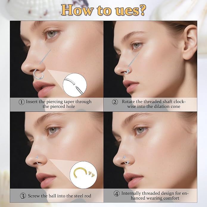 MODRSA 20g 16g 18g Piercing Taper Internal Threaded Piercing Taper Insertion Threader Tool Threadless Jewelry Changing Tool Horseshoe Nose Ring Labret Earring Studs Applicator Piercing Ball Grabber