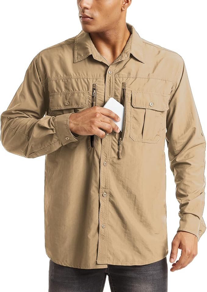 MAGCOMSEN Men's UPF 50+ Sun Protection Shirts, Button Down Long Sleeve Shirt for Hiking, Fishing, Safari