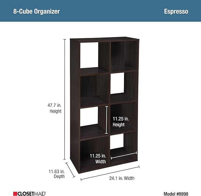 ClosetMaid Cubeicals 8 Cube Storage Shelf Organizer Bookshelf, Stackable, Vertical or Horizontal, Easy Assembly, Wood, Espresso Finish