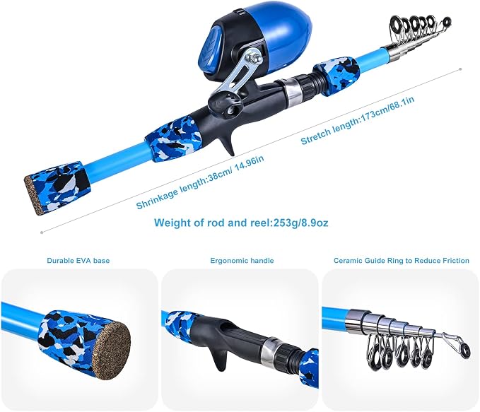 CODEK Kids Fishing Pole Set Portable Telescopic Kids Fishing Rods with Collasible Chair Fishing Net Carrier Bag and Full Kits for Boys and Girls Beginner and Youth 170cm/5.6ft