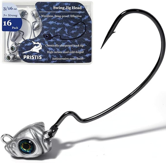 Pristis 16 Pack Swing Jig Head, Weedless Fish Eye Swimbait Jigs for Texas Ned Fitness Rigs, 3X Strong Weighted High Carbon Steel Fishing Hook Kit for Saltwater Freshwater Bass Walleye
