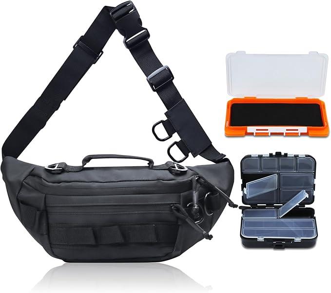 Fishing Waist Pack, Waterproof Fanny Pack with Two Tackle Boxes, Portable Sling Bag for Women & Men, Oxford Fabric, Black
